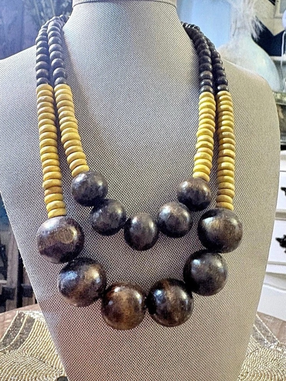 Brown & Yellow Wood Beaded Statement Necklace